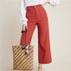 Maeve Anthropologie Linen High Rise Wide Leg Crop Pants Rust Orange 28P Petite